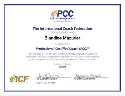 Certificat Professional Certified Coach délivré par l'International Coaching Federation à Blandine Mazurier
